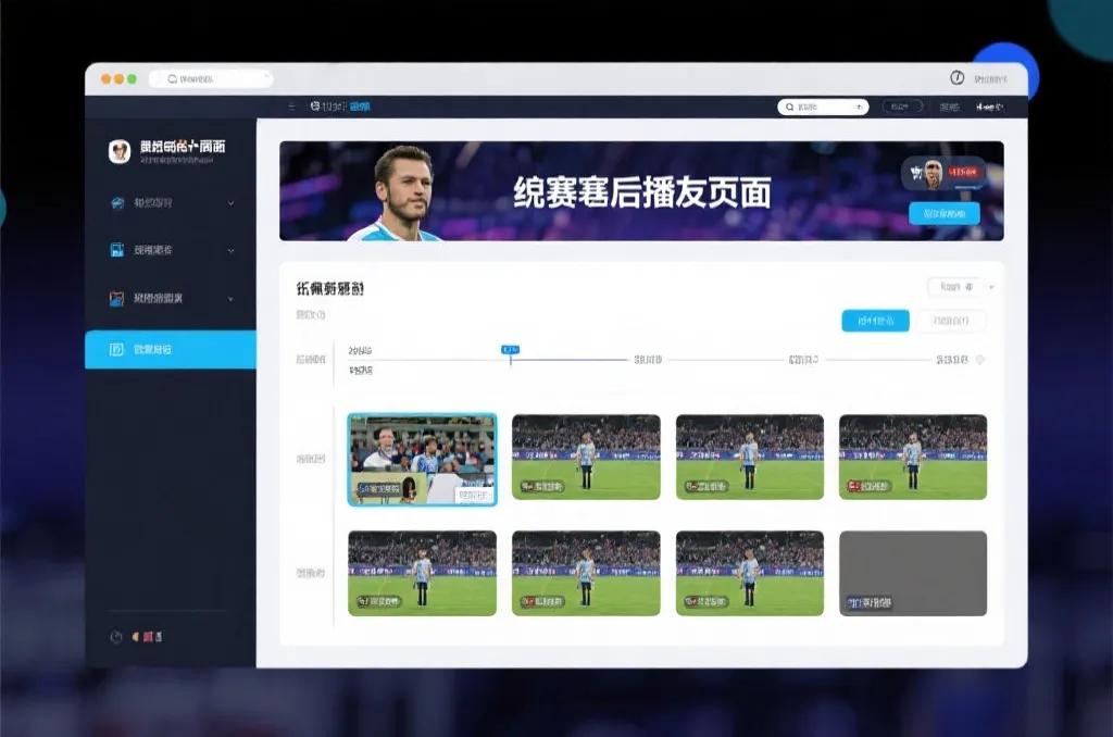 比赛结束后，电视屏幕展示集锦回放页面，旁边有时间轴和多角度切换提示